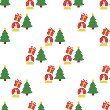 Christmas seamless pattern with snow globes trees and gifts. Stockillustratie