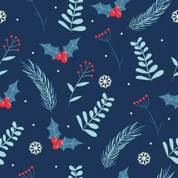 Christmas seamless pattern with snowflake, berries, mistletoe and fir branch Stock Illustration