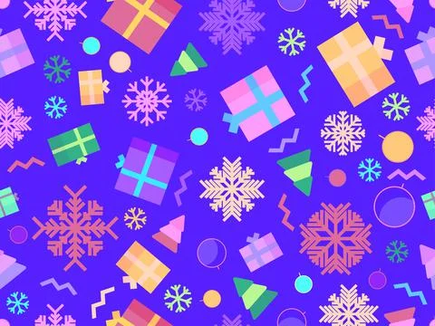 Christmas seamless pattern with snowflakes and 3d gift boxes. Geometric snowf イラスト素材