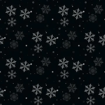 Christmas seamless pattern of snowflakes gray and white on black background Stock Illustration