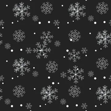 Christmas seamless pattern of snowflakes gray and white on black background Stock Illustration