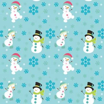 Christmas seamless pattern with snowman and snowflakes on a bright blue backg Stock Illustration