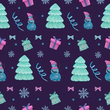Christmas seamless pattern with snowman presents and snowflakes marker illust Illustrazione stock
