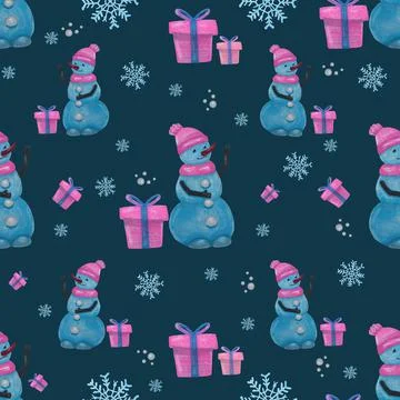 Christmas seamless pattern with snowman presents and snowflakes marker illust Stock Illustration