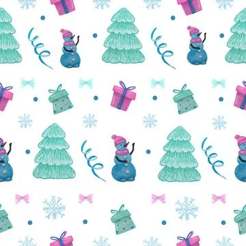 Christmas seamless pattern with snowman presents and snowflakes marker illust Stock Illustration