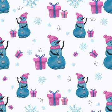 Christmas seamless pattern with snowman presents and snowflakes marker illust Stock Illustration