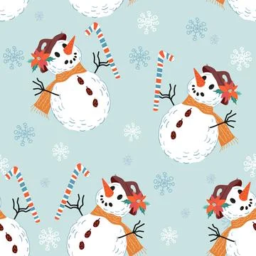 Christmas seamless pattern with snowman. Winter pattern flat vector illustr.. Stock Illustration