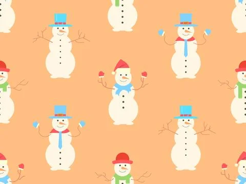 Christmas seamless pattern with snowmen made from three snowballs. A snowma.. Stockillustratie