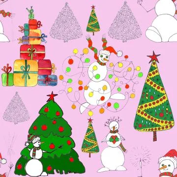 Christmas seamless pattern with snowmen, trees and gifts, graphic color sketc Stock Illustration