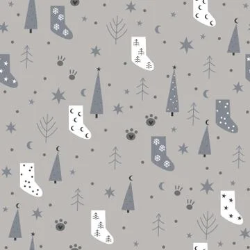 Christmas seamless pattern with socks and snowflakes for kids Stock Illustration