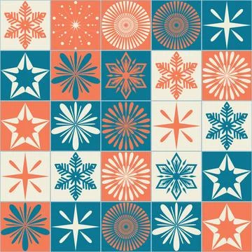 Christmas seamless pattern with square and snowflake, contrast blue orange co Ilustración de archivo