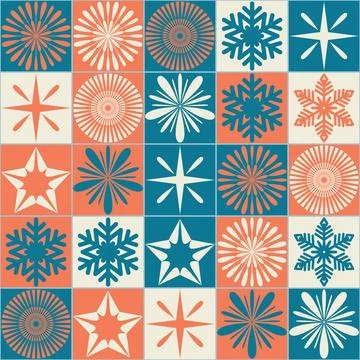 Christmas seamless pattern with square and snowflake, contrast blue orange .. Stock Illustration