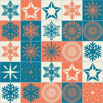 Christmas seamless pattern with square and snowflake, contrast blue orange .. 库存插图