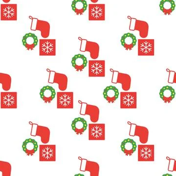 Christmas Seamless Pattern with Stocking Wreath and Gift Box. Stock Illustration