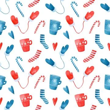Christmas seamless pattern with striped socks, mugs, mittens, lollipops Stock Illustration