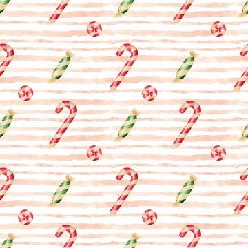 Christmas seamless pattern with stripes and candy cane, sweets. Watercolor ha Stock Illustration