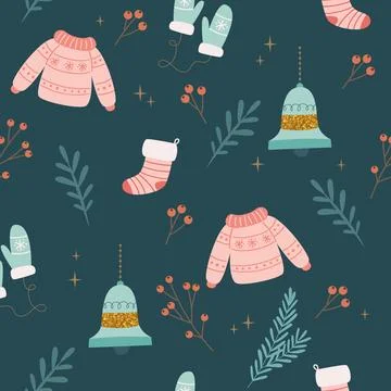 Christmas seamless pattern with sweaters and bells. Seasonal winter design. Cute Ilustração Stock