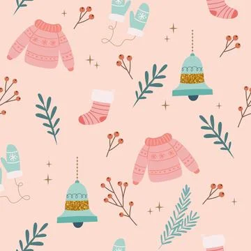 Christmas seamless pattern with sweaters and bells. Seasonal winter design. Cute Illustration