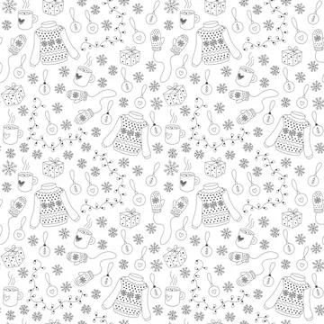 Christmas seamless pattern with sweaters, mittens, gifts, black and white Stock Illustration