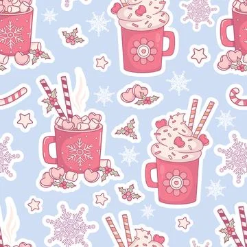 Christmas Seamless pattern. Sweet Cream Dessert Mug, cup Festive Hot Cocoa .. Stock Illustration