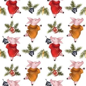 Christmas seamless pattern. Symbol of the year 2019 pig. New Year's set. Stock Illustration