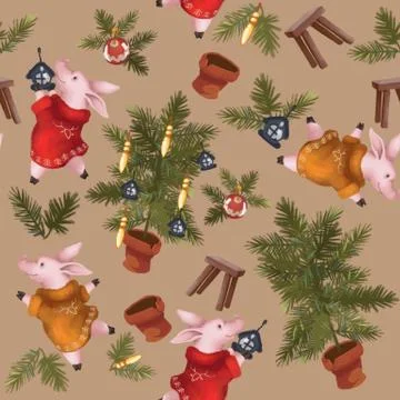 Christmas seamless pattern. Symbol of the year 2019 pig. New Year's set. On a Stock Illustration