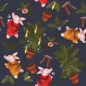 Christmas seamless pattern. Symbol of the year 2019 pig. New Year's set. On a Stock Illustration