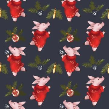 Christmas seamless pattern. Symbol of the year 2019 pig. New Year's set. on a Stock Illustration