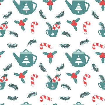 Christmas seamless pattern with teapot, cup and candy. New year festive backg Stock Illustration