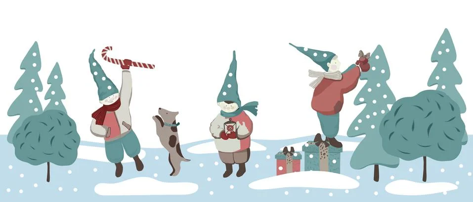 Christmas seamless pattern with the three elves in the caps. Stock Illustration