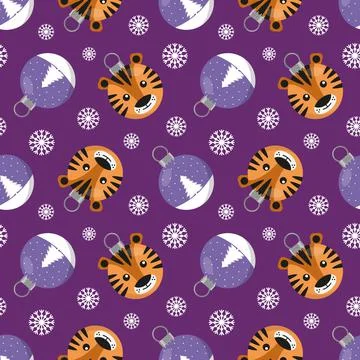 Christmas seamless pattern with tiger baubles Illustrazione stock
