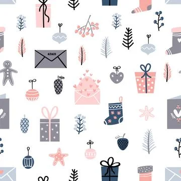 Christmas seamless pattern with toys and gifts. Happy New Year. Cartoon dec.. Stock Illustration
