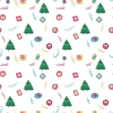 Christmas seamless pattern with tree and gift boxes. Winter festive poster. r Stock Illustration