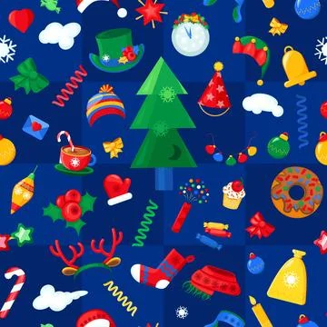 Christmas Seamless Pattern with Tree and Festive Symbols Stock Illustration