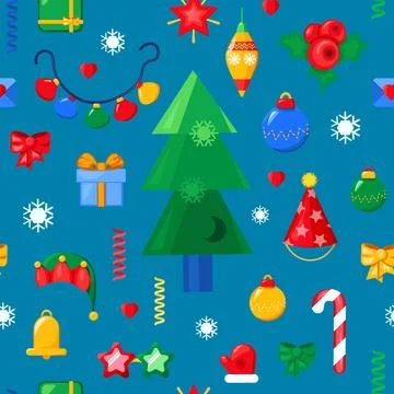 Christmas Seamless Pattern with Tree and Holiday Decorations Stock Illustration