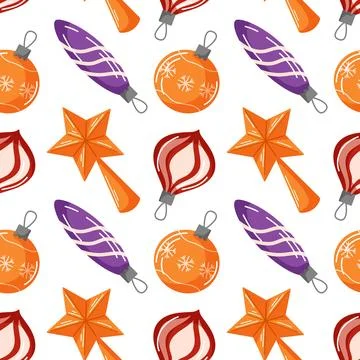 Christmas seamless pattern with tree ball and star in cartoon style. Retro toy Stock Illustration