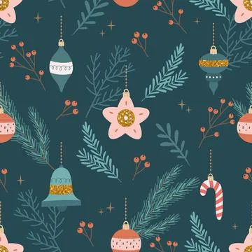Christmas seamless pattern with tree decorations. Seasonal winter design. Cute Ilustración de archivo
