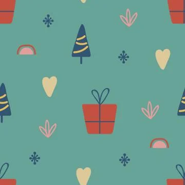Christmas seamless pattern with tree, gift, rainbow. Hand drawn unique texture Stock Illustration
