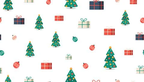 Christmas seamless pattern. Tree, gift box, ball on white background. Christm Illustrazione stock