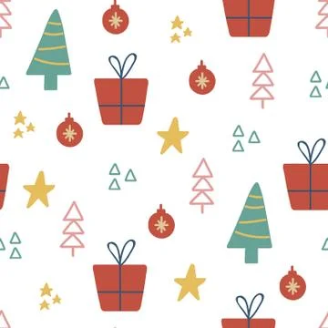 Christmas seamless pattern with tree, star, gif box. Hand drawn unique texture Stock Illustration