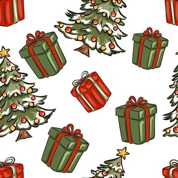 Christmas seamless pattern trees and gift boxes on a cheerful white background Illustrazione stock