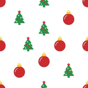 Christmas seamless pattern with trees and red baubles vector illustration. Illustrazione stock