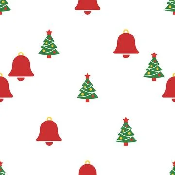 Christmas seamless pattern with trees and bells. Stock Illustration