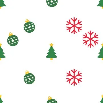 Christmas seamless pattern with trees baubles and snowflakes. Stock Illustration