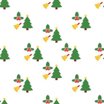 Christmas seamless pattern with trees bells and holly. Illustrazione stock