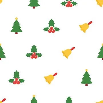 Christmas seamless pattern with trees bells and holly berries. Stock Illustration