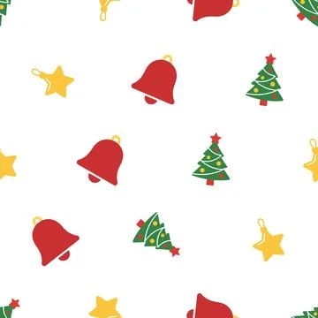 Christmas seamless pattern with trees bells and stars. Illustrazione stock