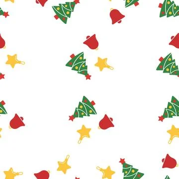 Christmas seamless pattern with trees bells and stars vector illustration. Stock Illustration