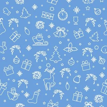 Christmas seamless pattern with trees, gifts, and decorations on a blue bac.. Illustrazione stock
