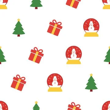 Christmas seamless pattern with trees gifts and snow globes. Stockillustratie